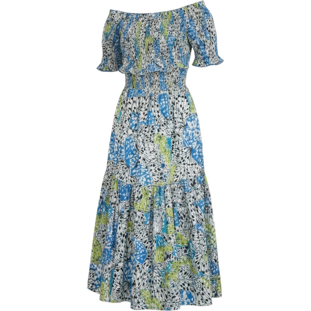 Poupette St Barth Blue Green Butterfly Smocked Maxi Dress Large Off Shoulder